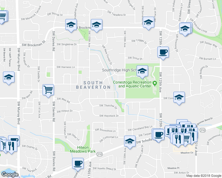 map of restaurants, bars, coffee shops, grocery stores, and more near 13175 Southwest Santa Anita Court in Beaverton