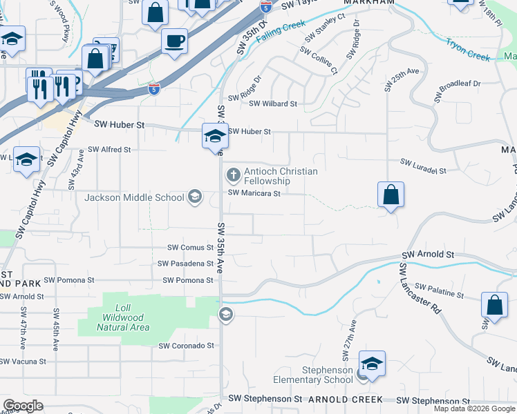 map of restaurants, bars, coffee shops, grocery stores, and more near 3237 Southwest Caraway Court in Portland