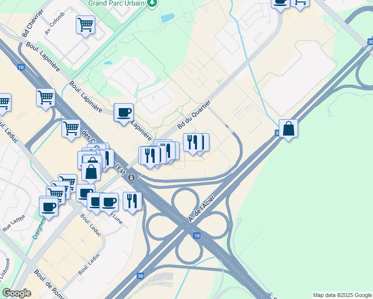 map of restaurants, bars, coffee shops, grocery stores, and more near 605 Rue de l'Escale in Brossard