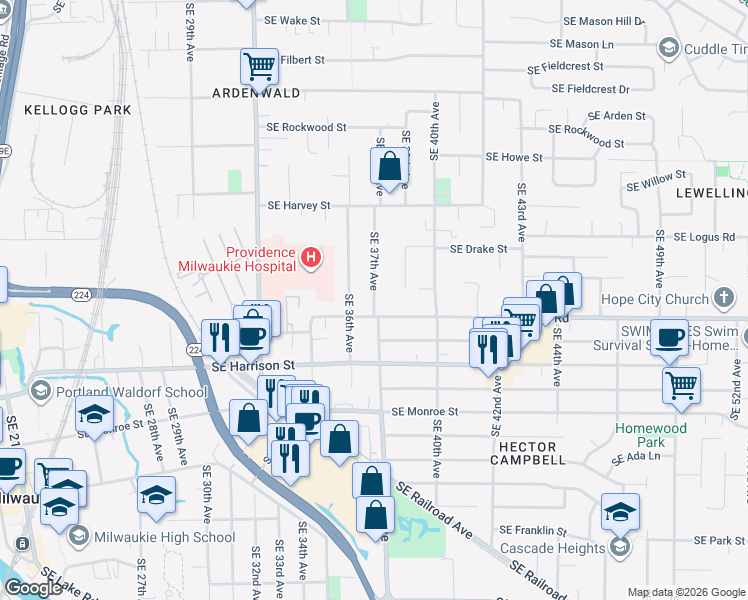 map of restaurants, bars, coffee shops, grocery stores, and more near 10333 SE 37th Ave in Milwaukie