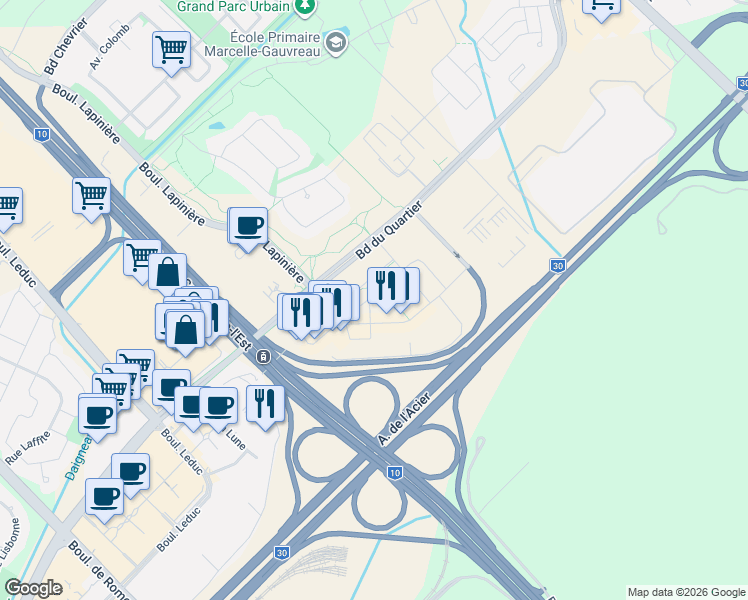 map of restaurants, bars, coffee shops, grocery stores, and more near 605 Rue de l'Escale in Brossard