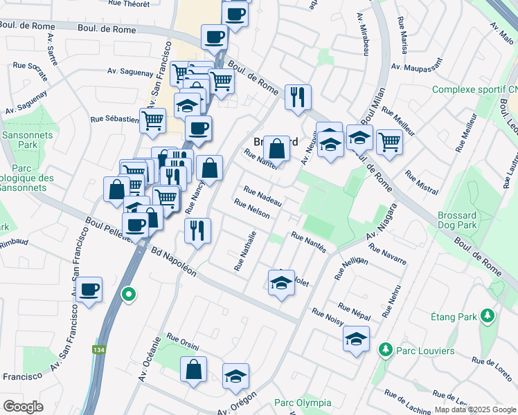map of restaurants, bars, coffee shops, grocery stores, and more near 8045 Rue Nelson in Brossard