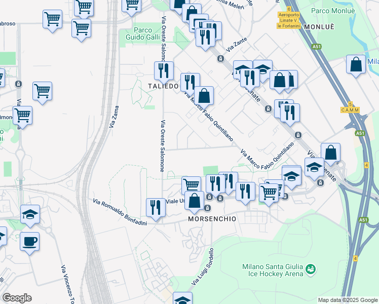 map of restaurants, bars, coffee shops, grocery stores, and more near 8 Via Dione Cassio in Milano