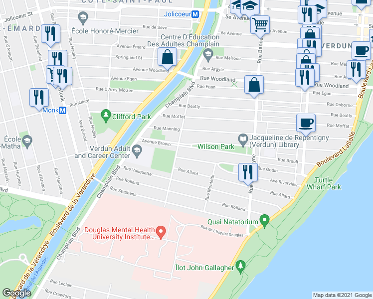 map of restaurants, bars, coffee shops, grocery stores, and more near 1282 Avenue Brown in Montréal