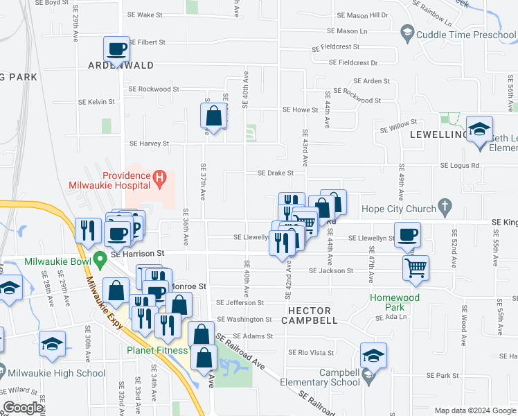 map of restaurants, bars, coffee shops, grocery stores, and more near 4035 Southeast King Road in Milwaukie