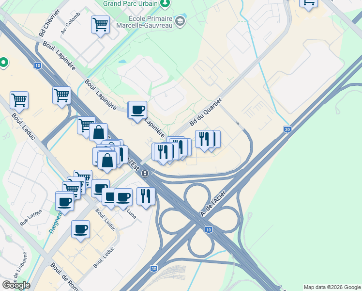 map of restaurants, bars, coffee shops, grocery stores, and more near 5905 Boulevard du Quartier in Brossard