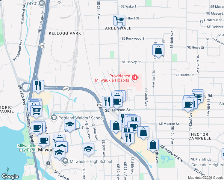 map of restaurants, bars, coffee shops, grocery stores, and more near 10368 Southeast C Street in Milwaukie