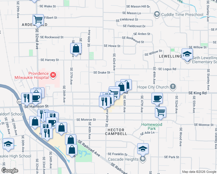map of restaurants, bars, coffee shops, grocery stores, and more near 4205 Southeast King Road in Milwaukie