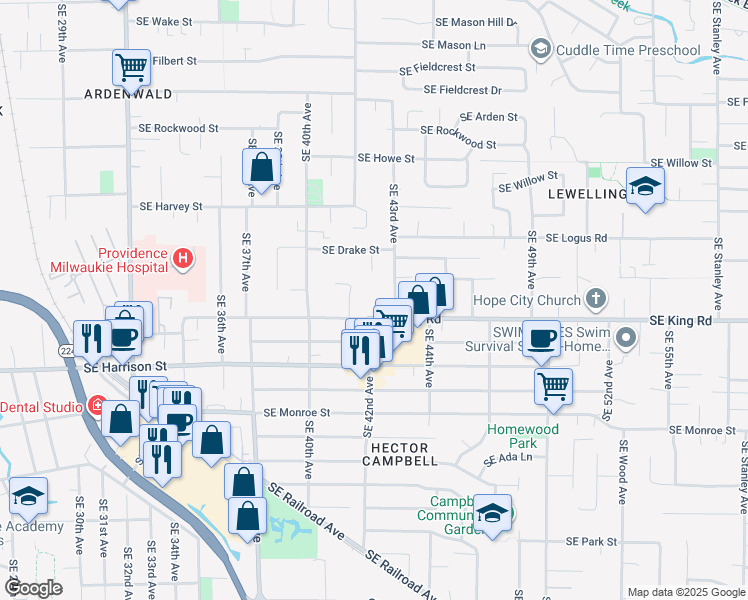 map of restaurants, bars, coffee shops, grocery stores, and more near 4205 Southeast King Road in Milwaukie