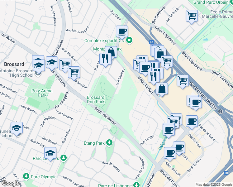 map of restaurants, bars, coffee shops, grocery stores, and more near 7645 Rue Lautrec in Brossard