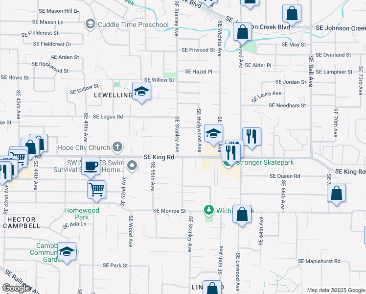 map of restaurants, bars, coffee shops, grocery stores, and more near 10126 Southeast Stanley Avenue in Milwaukie