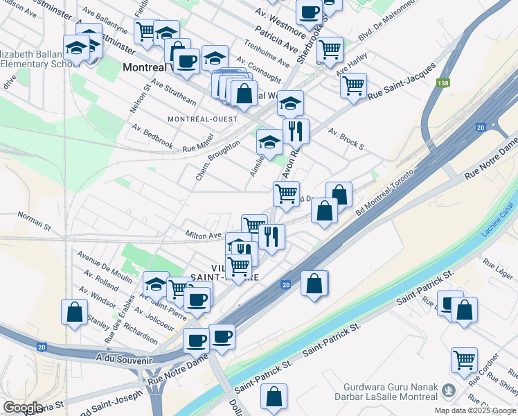 map of restaurants, bars, coffee shops, grocery stores, and more near 9015 Chemin Avon in Montréal-Ouest