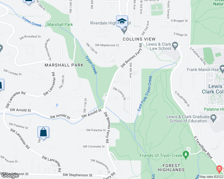 map of restaurants, bars, coffee shops, grocery stores, and more near 628 Southwest Colony Drive in Portland