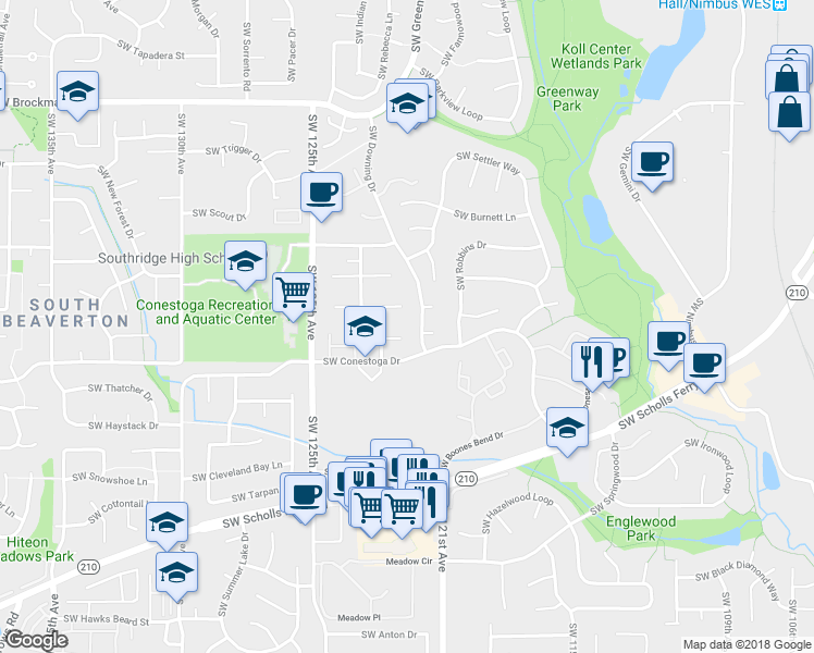 map of restaurants, bars, coffee shops, grocery stores, and more near 12195 Southwest Spur Court in Beaverton