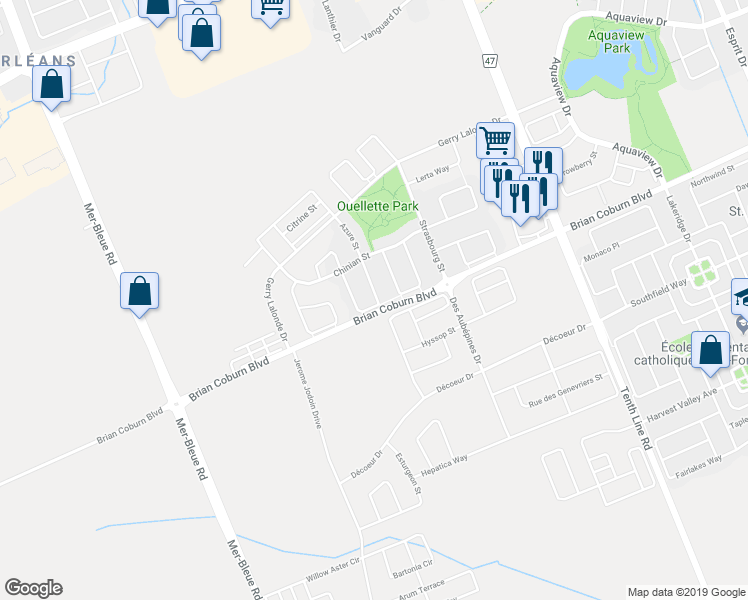 map of restaurants, bars, coffee shops, grocery stores, and more near 725 Cabris Crescent in Ottawa