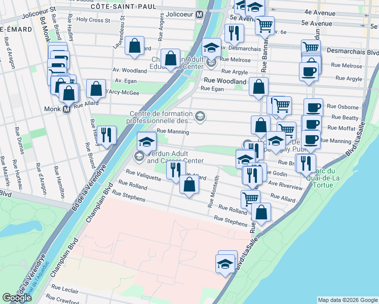 map of restaurants, bars, coffee shops, grocery stores, and more near 1282 Avenue Brown in Montréal