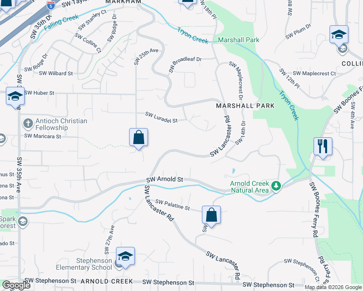 map of restaurants, bars, coffee shops, grocery stores, and more near 10667 Southwest Lancaster Road in Portland