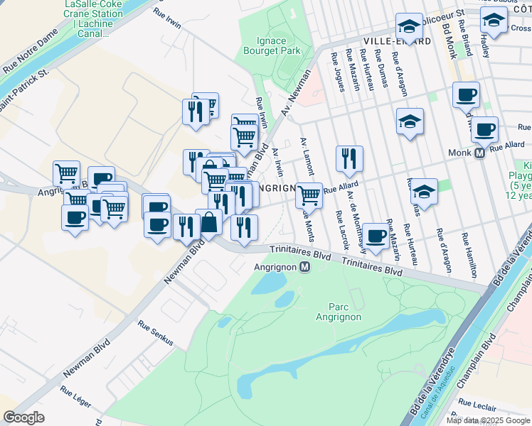 map of restaurants, bars, coffee shops, grocery stores, and more near 7000 Allard Street in Montreal