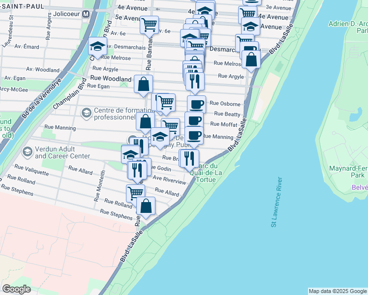 map of restaurants, bars, coffee shops, grocery stores, and more near 640 Richard Street in Montreal