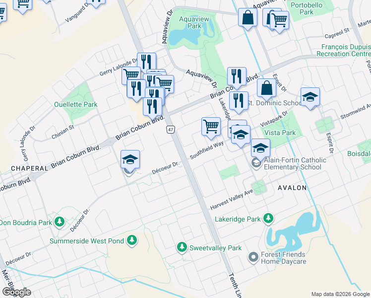 map of restaurants, bars, coffee shops, grocery stores, and more near 199 Monaco Place in Ottawa