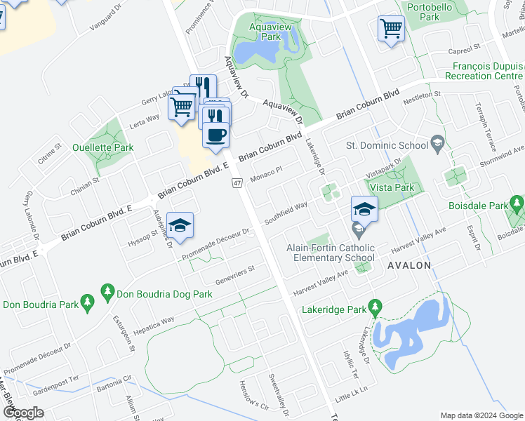 map of restaurants, bars, coffee shops, grocery stores, and more near 509 Southfield Way in Ottawa