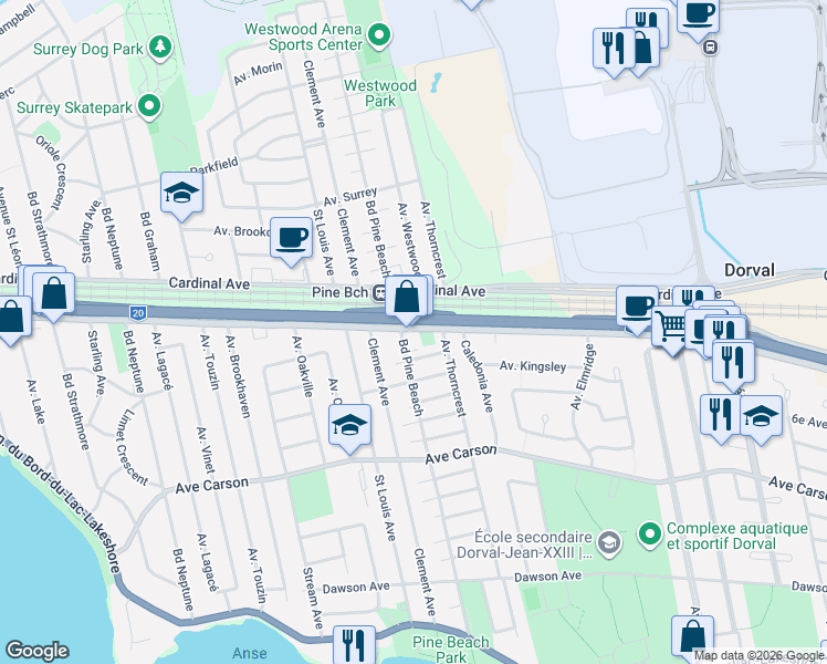 map of restaurants, bars, coffee shops, grocery stores, and more near 1560 Chemin Herron in Dorval