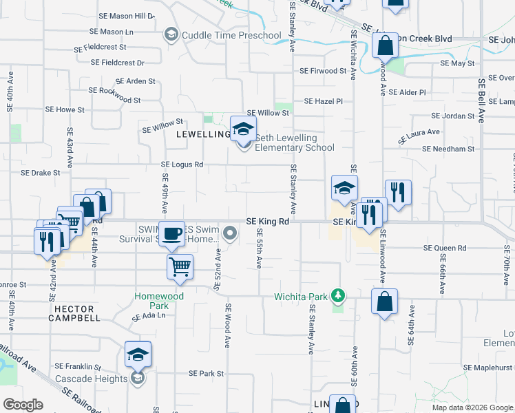 map of restaurants, bars, coffee shops, grocery stores, and more near 5447 Southeast King Road in Milwaukie