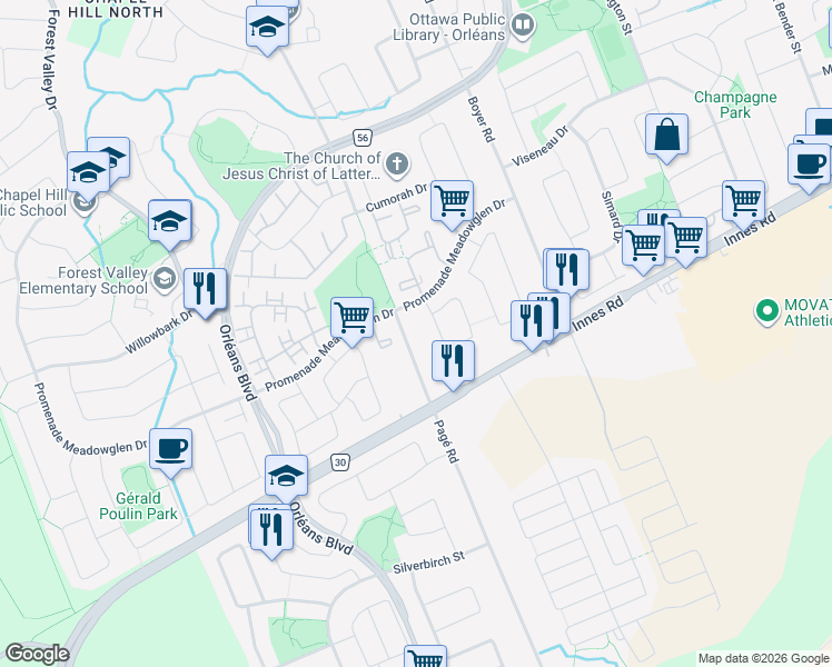 map of restaurants, bars, coffee shops, grocery stores, and more near 2239 Pagé Road in Ottawa