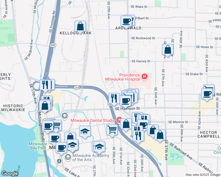 map of restaurants, bars, coffee shops, grocery stores, and more near 2800 Southeast D Place in Milwaukie