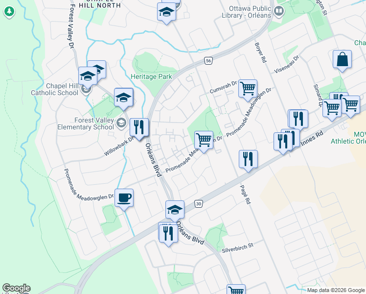 map of restaurants, bars, coffee shops, grocery stores, and more near 2019 Summerfields Crescent in Ottawa