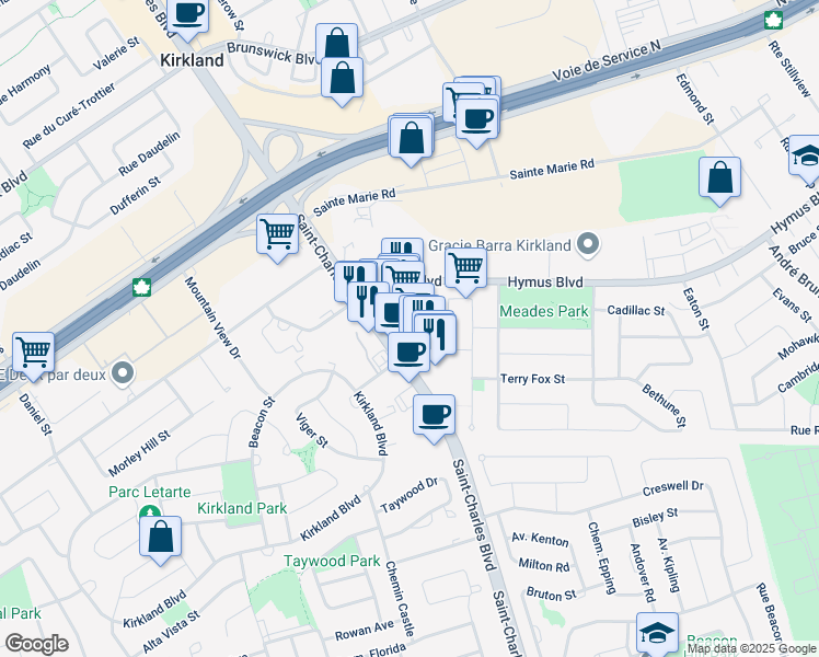 map of restaurants, bars, coffee shops, grocery stores, and more near in Kirkland