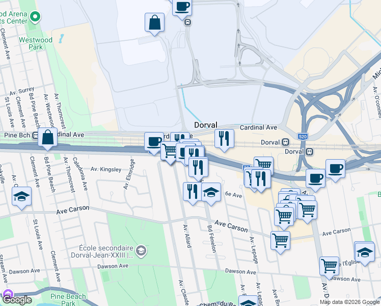map of restaurants, bars, coffee shops, grocery stores, and more near Autoroute du Souvenir in Dorval