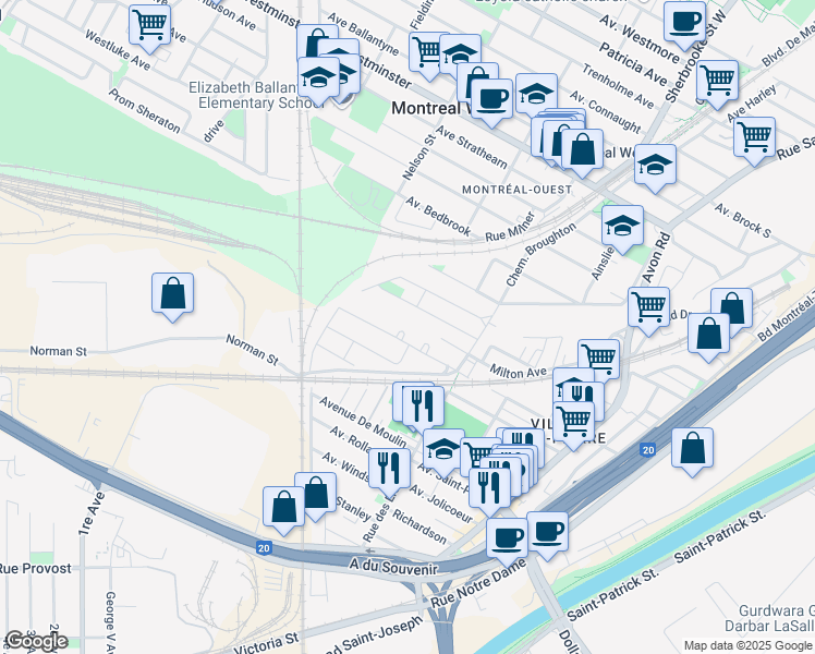 map of restaurants, bars, coffee shops, grocery stores, and more near 59 Croissant Lucien Rochon in Montréal