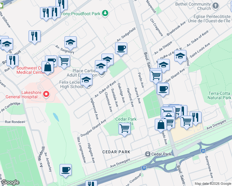 map of restaurants, bars, coffee shops, grocery stores, and more near 115 Avenue Sundale in Pointe-Claire