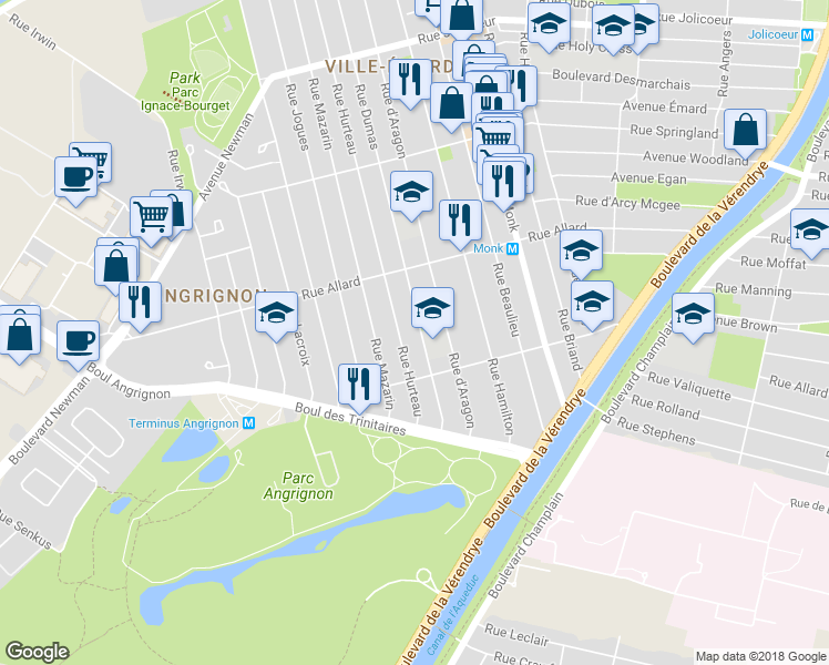 map of restaurants, bars, coffee shops, grocery stores, and more near 6931 Rue Dumas in Montréal