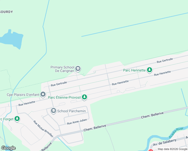 map of restaurants, bars, coffee shops, grocery stores, and more near 2006 Rue Gertrude in Carignan