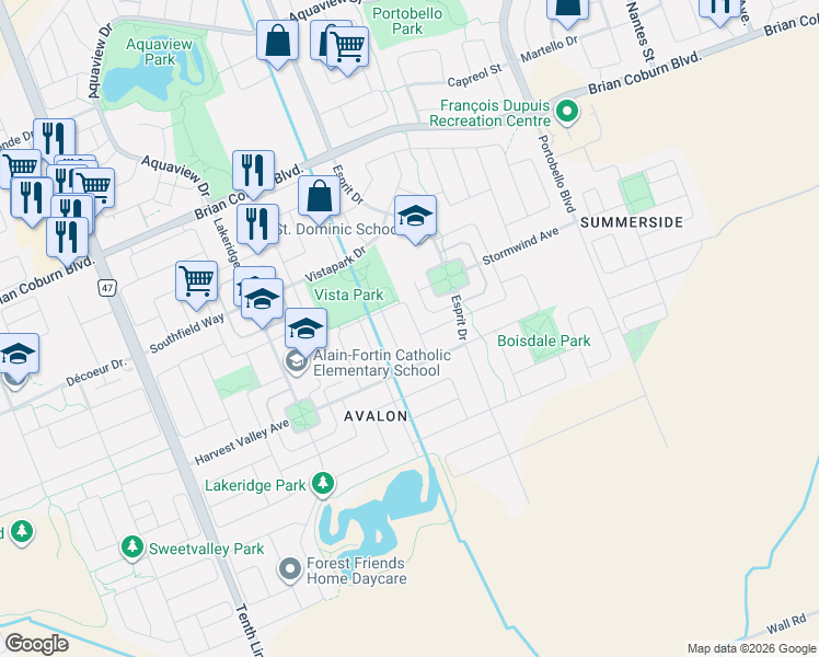 map of restaurants, bars, coffee shops, grocery stores, and more near 245 Silvermoon Crescent in Ottawa