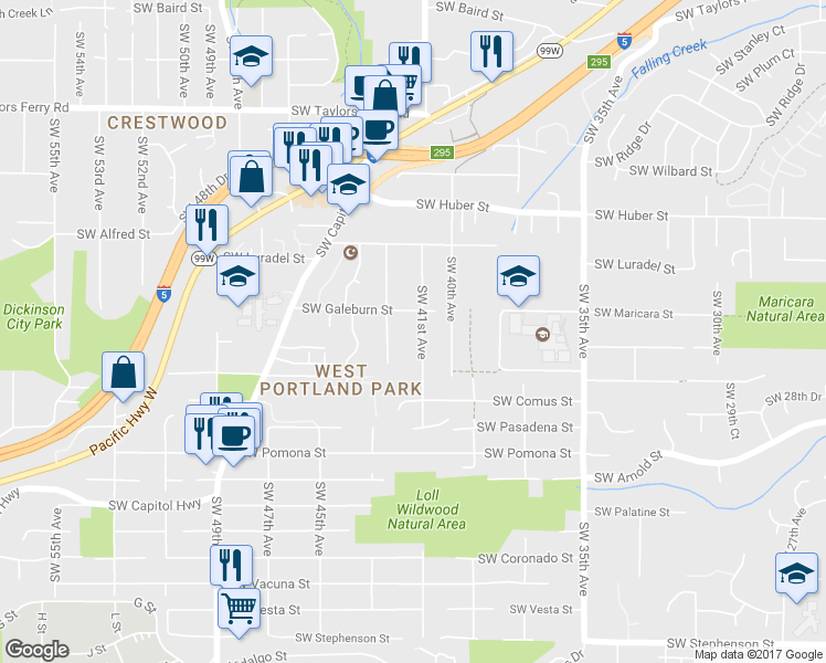 map of restaurants, bars, coffee shops, grocery stores, and more near 10645 Southwest 41st Avenue in Portland