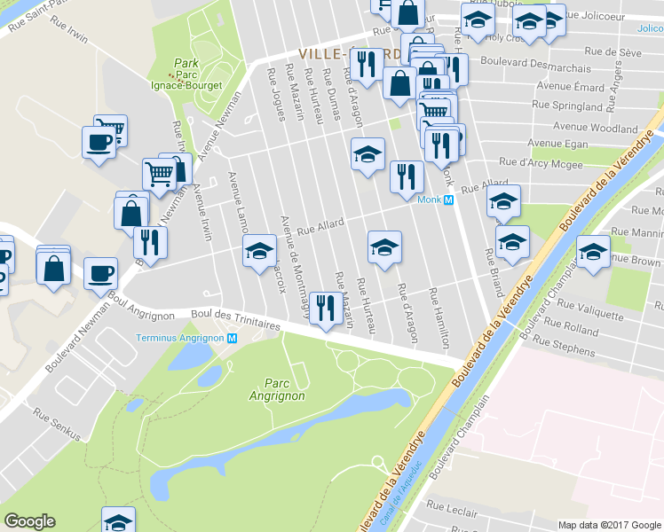 map of restaurants, bars, coffee shops, grocery stores, and more near 6905 Rue Mazarin in Montréal