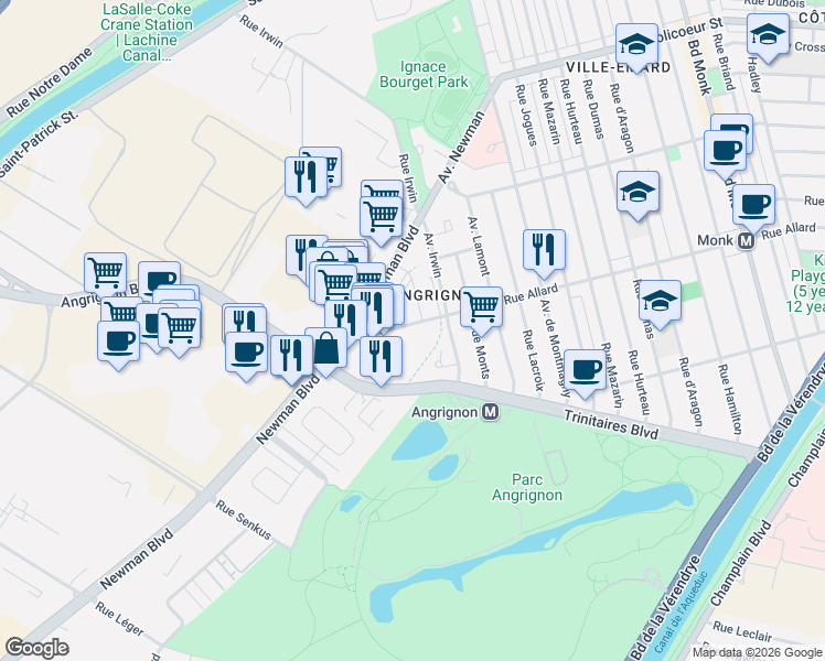 map of restaurants, bars, coffee shops, grocery stores, and more near 7000 Rue Allard in Montréal