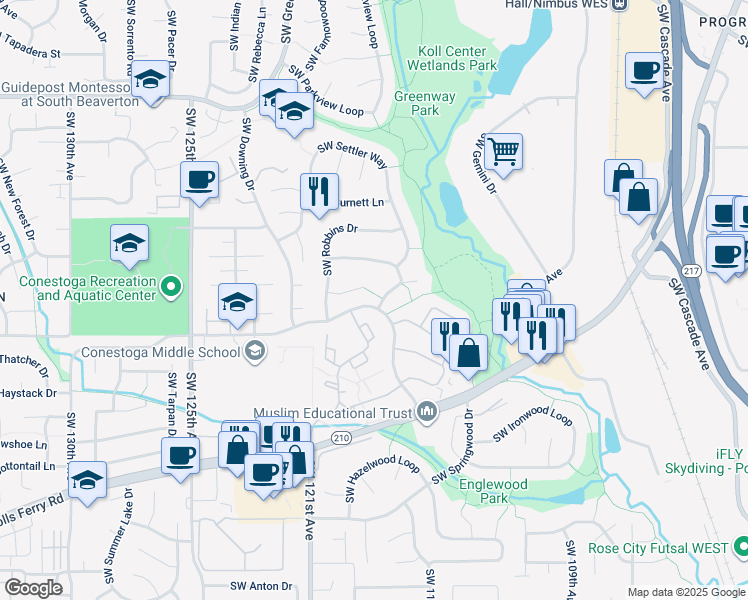 map of restaurants, bars, coffee shops, grocery stores, and more near 11755 SW Conestoga Dr in Beaverton