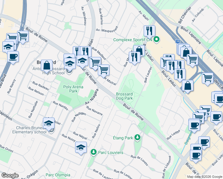 map of restaurants, bars, coffee shops, grocery stores, and more near 3324 Rue Mistral in Brossard