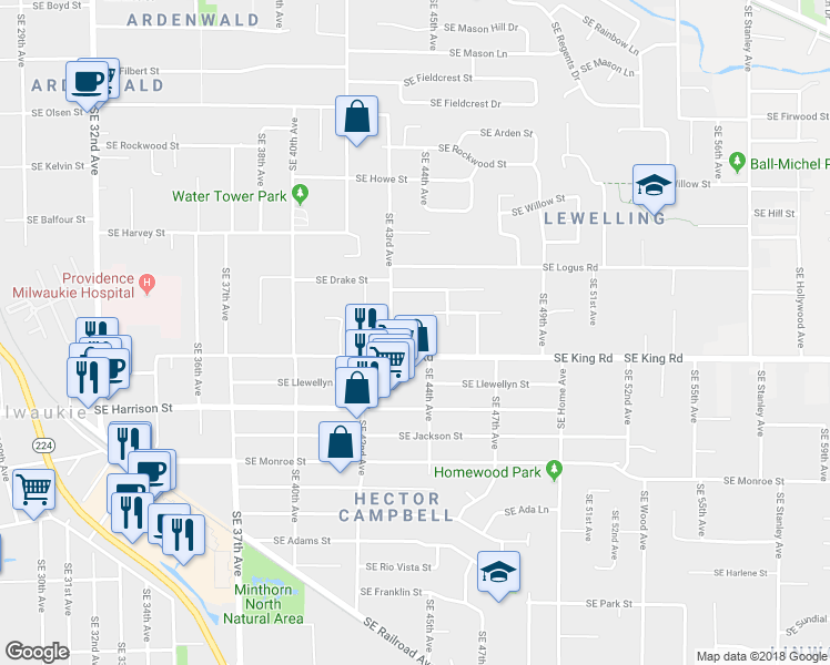 map of restaurants, bars, coffee shops, grocery stores, and more near 4335 Southeast King Road in Milwaukie