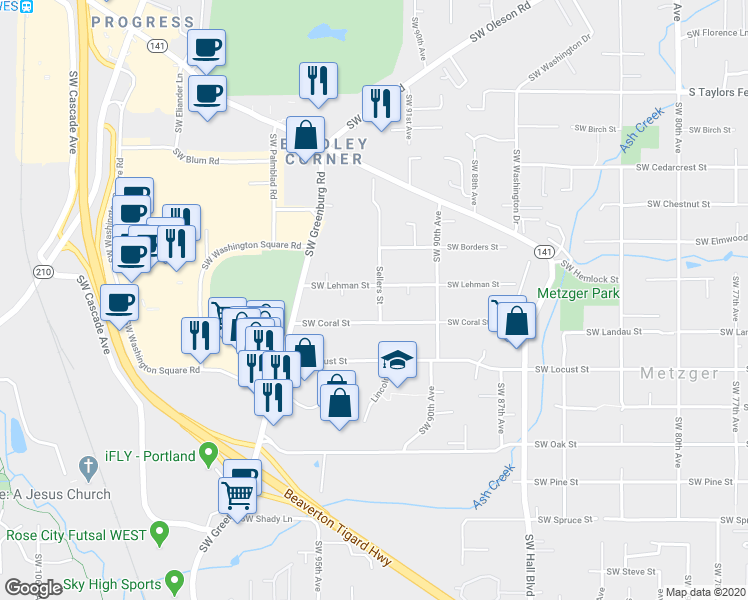 map of restaurants, bars, coffee shops, grocery stores, and more near 9887 Southwest 92nd Avenue in Tigard