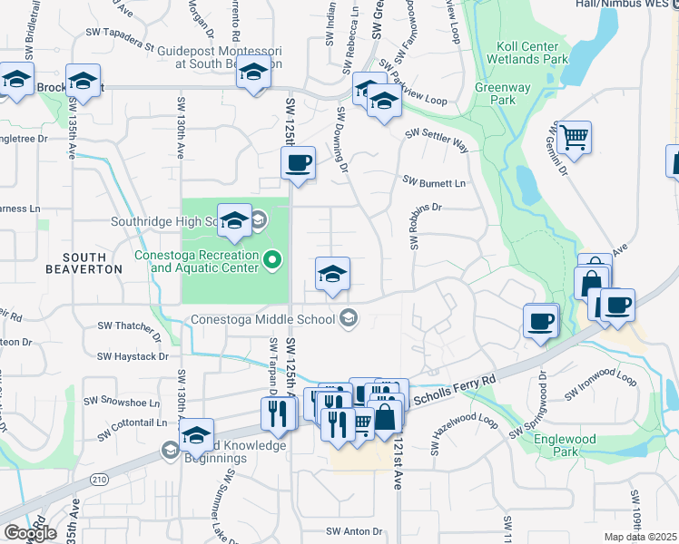 map of restaurants, bars, coffee shops, grocery stores, and more near 12325 Southwest Conestoga Drive in Beaverton