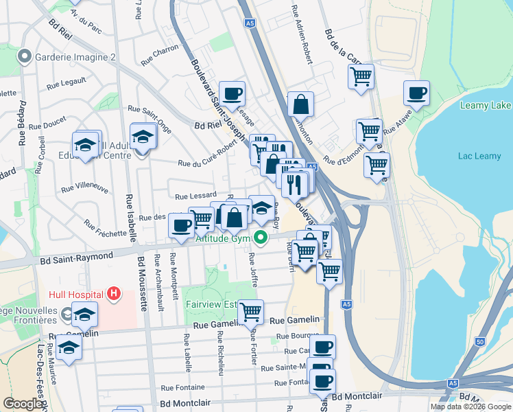 map of restaurants, bars, coffee shops, grocery stores, and more near 15 Rue Courchesne in Gatineau