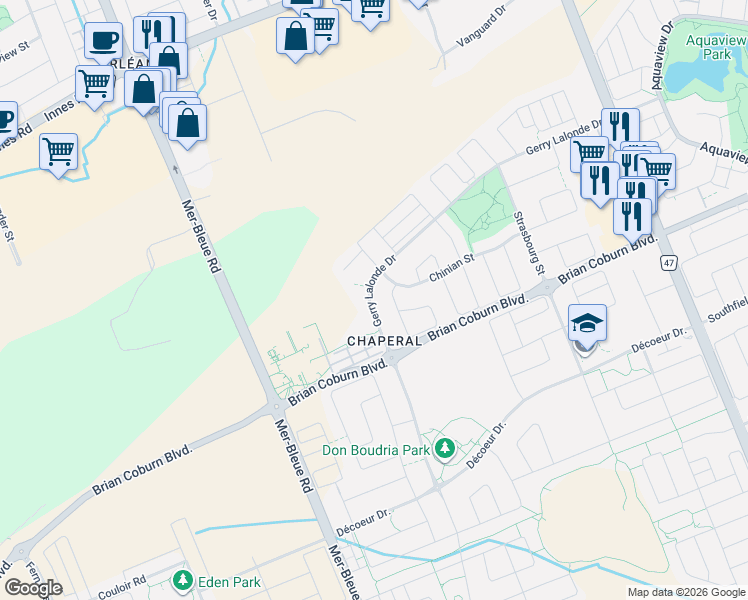 map of restaurants, bars, coffee shops, grocery stores, and more near 400 Gerry Lalonde Drive in Ottawa