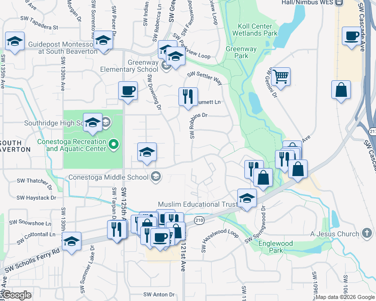 map of restaurants, bars, coffee shops, grocery stores, and more near 12015 Southwest Gault Court in Beaverton