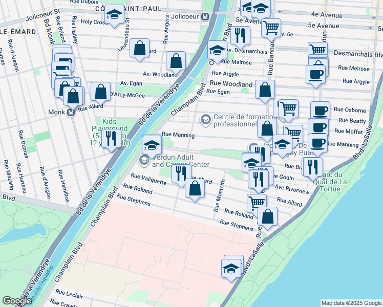 map of restaurants, bars, coffee shops, grocery stores, and more near 1294 Avenue Brown in Montréal
