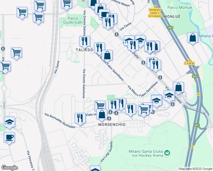 map of restaurants, bars, coffee shops, grocery stores, and more near 8 Via Dione Cassio in Milano